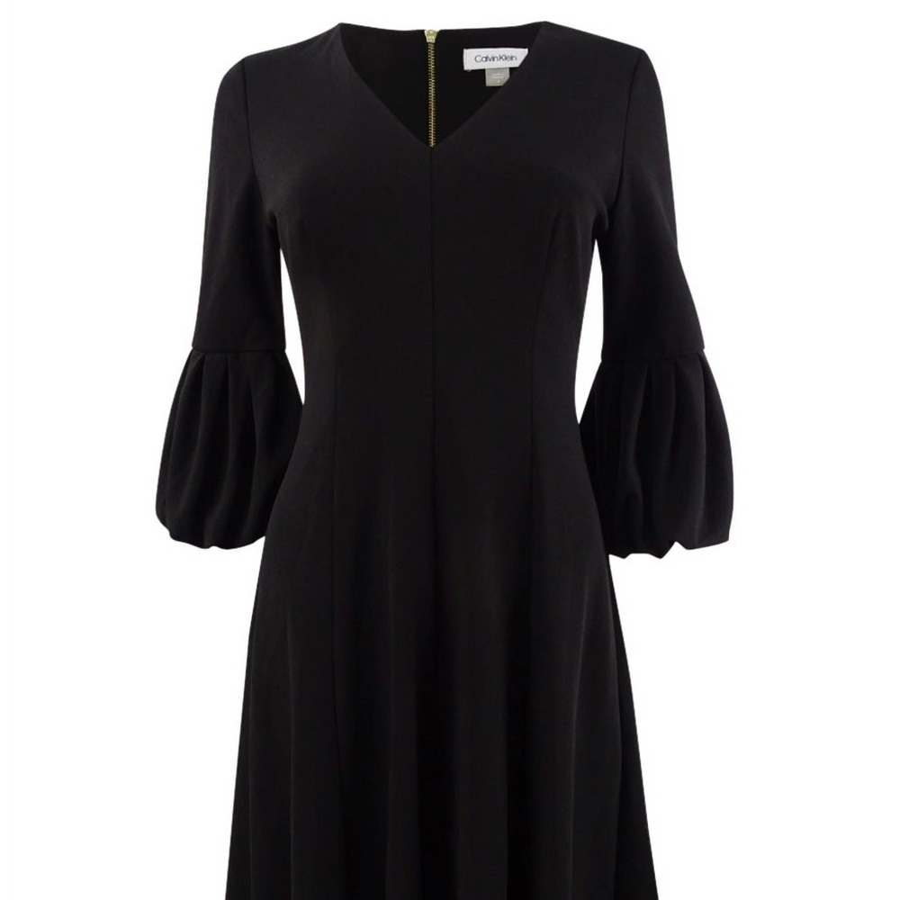 NWT Calvin Klein Balloon Sleeve Flared Work Black Dress Sz 4 / s